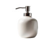 © MRK STUDIO - Minimalist white ceramic soap dispenser with chrome pump on white background.