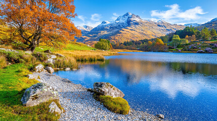 Wall Mural - stunning image of serene mountain lake with autumn trees and snow capped peaks reflecting in water. vibrant colors and peaceful setting create breathtaking scene