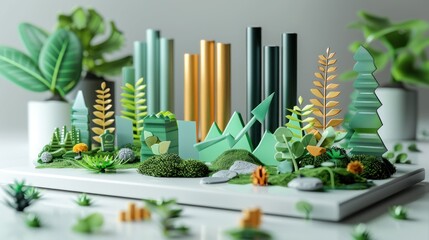 Wall Mural - 3d visualization of sustainable finance metrics with layered columns, environmental impact icons, an