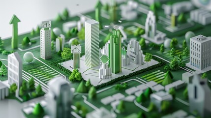 Wall Mural - 3d visualization of sustainable finance metrics with layered columns, environmental impact icons, an