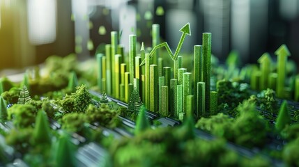 Wall Mural - 3d visualization of sustainable finance metrics with layered columns, environmental impact icons, an