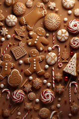 Wall Mural - Abstract background with Christmas gingerbread pieces and cookies on brown background. Vertical composition.
