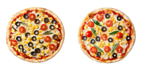 Poster - An isolated top view of a vegan pizza with tomatoes and olives on a transparent background