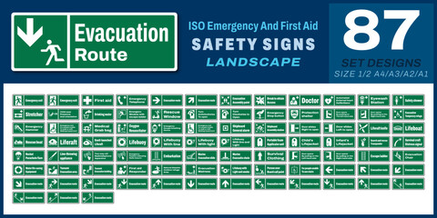 87 set iso emergency and first aid safety signs v82_evacuation route_landscape size 1/2 a4,a3,a2,a1	
