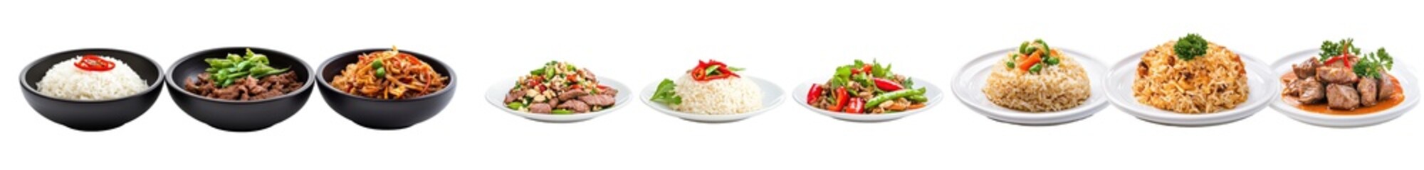 Poster - Isolated rice and beef plates on a transparent background