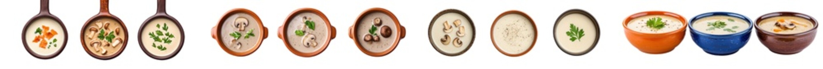 Poster - Isolated on a transparent background are three bowls with mushroom soup.