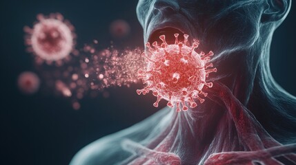 Fototapete - human body battles virus by expelling pathogens through the mouth