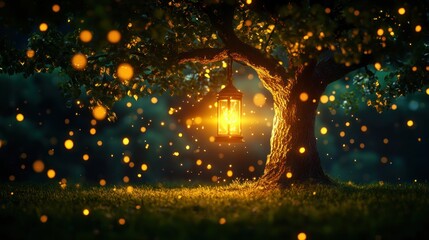 Poster - Enchanting lantern illuminates a magical tree at night