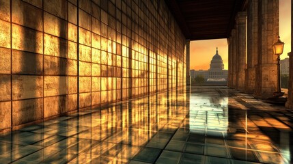 Poster - Explore the majestic reflection of architecture at sunset