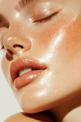 close-up of a serene woman with eyes closed, highlighting her fresh, hydrated skin and luminous glow