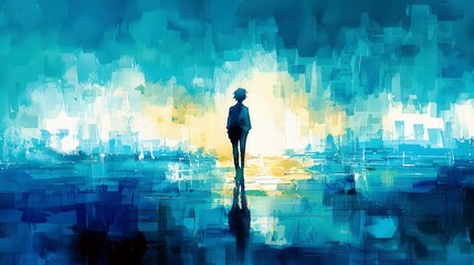 Poster - Minimalist Watercolor Landscape with Silhouette Figure