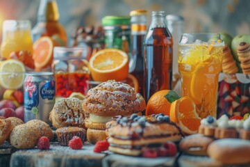 A table full of fresh baked goods, fruit, and drinks.