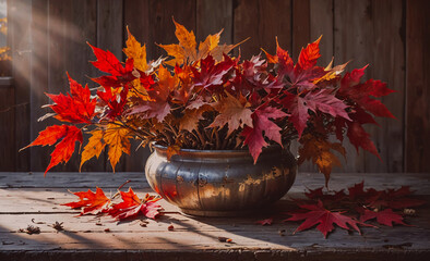Poster - Vase full of red leaves is on a wooden table