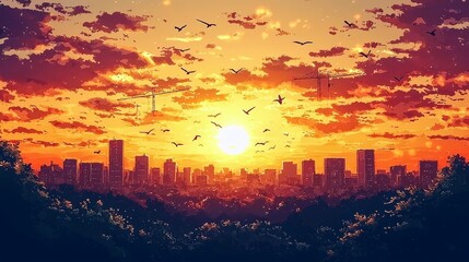 Poster - Vibrant Sunset Over Cityscape with Construction