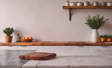 Poster - Kitchen with a wooden counter top and a wooden cutting board