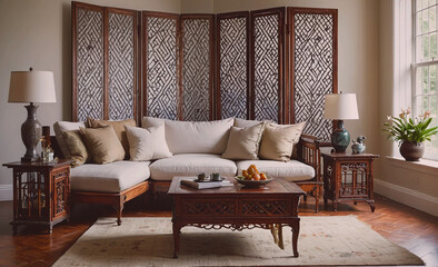 Poster - Living room with a couch, coffee table, and a large wooden screen