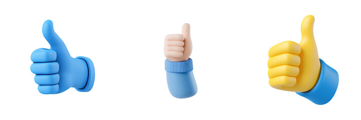 Aufkleber - Symbolizing approval or positive feedback, this 3D cartoon hand gives a thumbs up with a blue sleeve. Perfect for digital projects and playful illustrations.