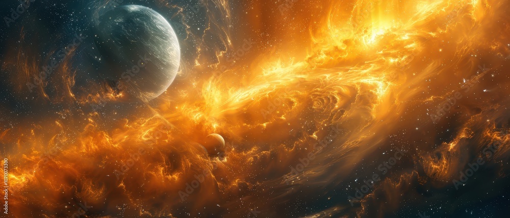 Stunning space scene with a planet among glowing nebula clouds. Perfect ...