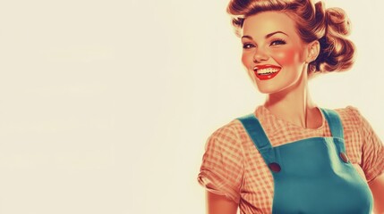 Retro vintage woman smiling in classic 1950s style with checkered dress and red lipstick