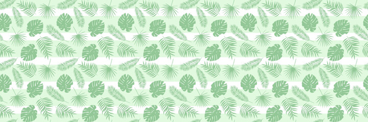 Poster - Tropical summer foliage banner, leaf seamless repeating pattern, green and white vector background, horizontal cover design