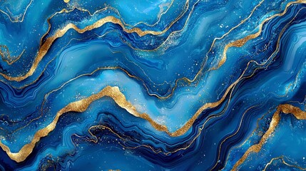 Poster - Exquisite Blue Waves with Gold Accents in Anime Style
