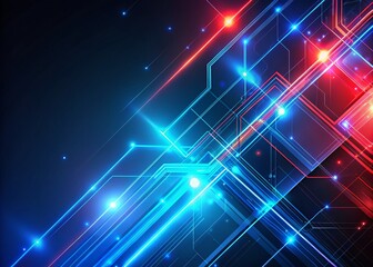 Poster - Abstract Technology Background with Futuristic Neon Glowing Blue and Red Lines in Motion Blur on Dark Blue Canvas, Ideal for Digital Designs and Creative Projects
