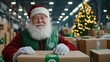 © nuiiko - Logistic Christmas and New Year concept. A cheerful Santa Claus in a warehouse, surrounded by holiday packages and a decorated Christmas tree.