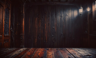 Poster - Dark room with a wooden floor and a wall