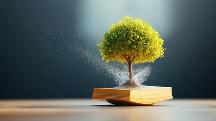 Poster - A book transforms into a lush tree symbolizing growth and knowledge