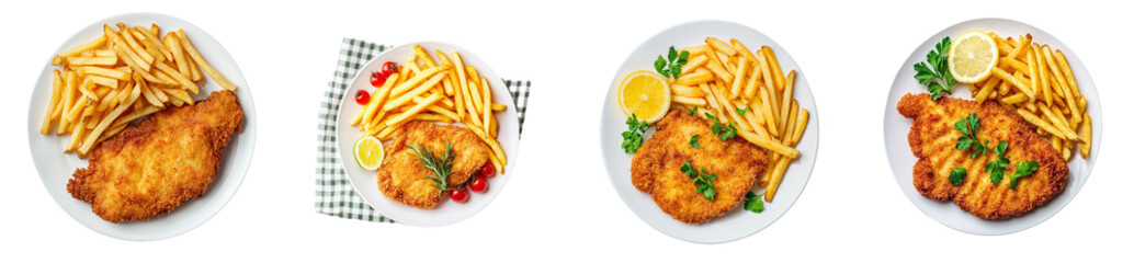 Poster - Isolated plate with French fries and chicken schnitzel