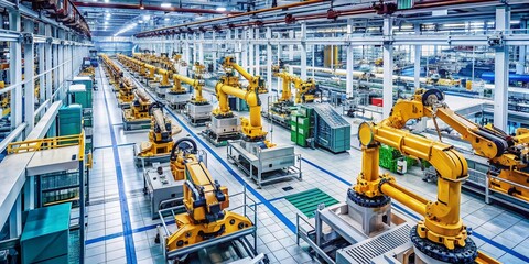 Aufkleber - Aerial View of a High-Tech Production Line with Robotic Arms Assembling Electronic Components, Showcasing the Fusion of Robotics and Global Industrial Technology