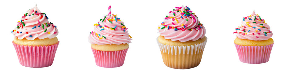 Poster - Featured in a transparent background, this vanilla cupcake is decorated with vibrant pink icing, pink sprinkles, and soft fluffy texture.