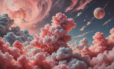 Poster - Pink clouds in the sky with a red planet in the background
