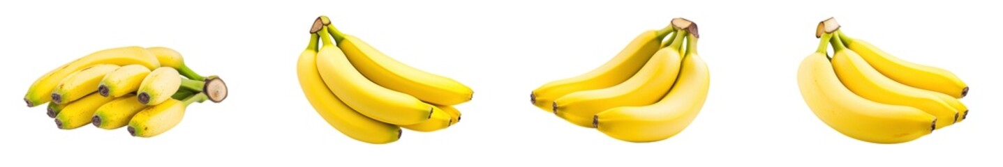 Poster - Angular bunch of ripe yellow bananas with three bananas still attached at stem, showcasing their bright color and smooth texture. Isolated on transparent background.