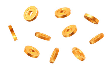 Aufkleber - 3d flying Ancient old gold coins of China on white isolated background. Rich or casino luck concept. Precious expensive treasure. Stock vector illustration.