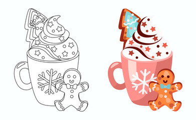 Cocoa with whiped cream and gingerbread vector illustration. Coloring page for kids