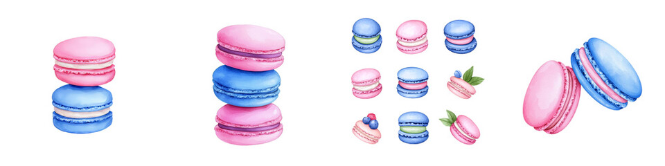 Poster - Illustration of a pink macaron with blue filling, showing a vibrant and delicious dessert in a detailed artistic style. Images isolated on transparent backgrounds.