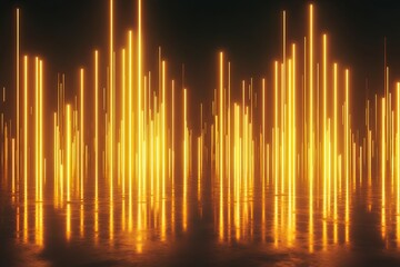 Poster - Vibrant golden light beams illuminating a dark reflective surface in a creative digital art display. Generative AI
