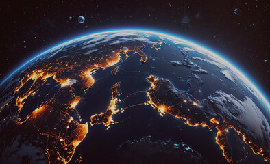Poster - the earth is lit up with a blue and orange glow