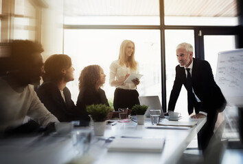 Aufkleber - Workshop, mentor and man with business people in meeting for financial, speaker and company valuation. Investment report, asset management and budget portfolio with employees in office