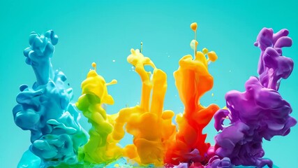 Poster - Vivid ink splashes in blue, yellow, orange, and purple rise through water, forming colorful and abstract shapes against a teal background.