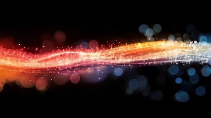 Poster - Curved glowing light streaks in red, orange, and gold on a black background, creating a striking and energetic visual flow.