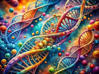 Poster - Artistic Representation of Genetic Helix in Watercolor Style Featuring Diverse DNA and RNA Chains for Science and Art Enthusiasts