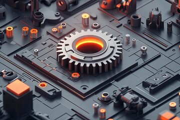 Poster - The intricate mechanical gear is centrally positioned on a complex circuit board, illuminated by striking orange accents