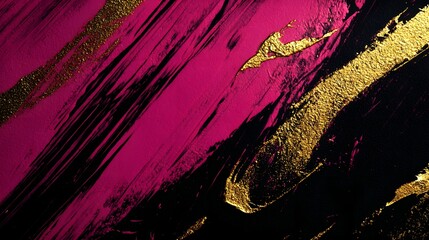 Poster - Abstract art featuring vibrant pink and black brushstrokes accented with gold paint.