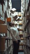 © Tadeusz - Thoughtful male in warehouse surrounded by floating packages, creating a surreal atmosphere.