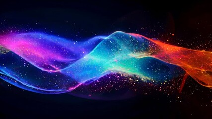 Poster - A mesmerizing wave of colorful light, blending hues of blue, pink, and yellow with a glittery, cosmic effect against a dark background.
