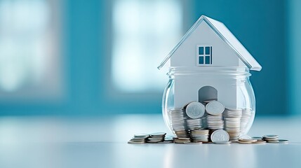 A house within a jar filled with coins symbolizes financial growth and investment opportunities on a bright, isolated background