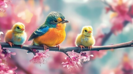 a colorful bird sitting on a blooming branch beside two cute baby chicks, vibrant flowers in the background, high detail