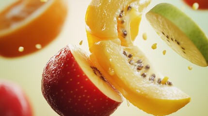 Poster - colorful floating fruits in mid-air showcasing vibrant apples and tropical guavas with glistening dr